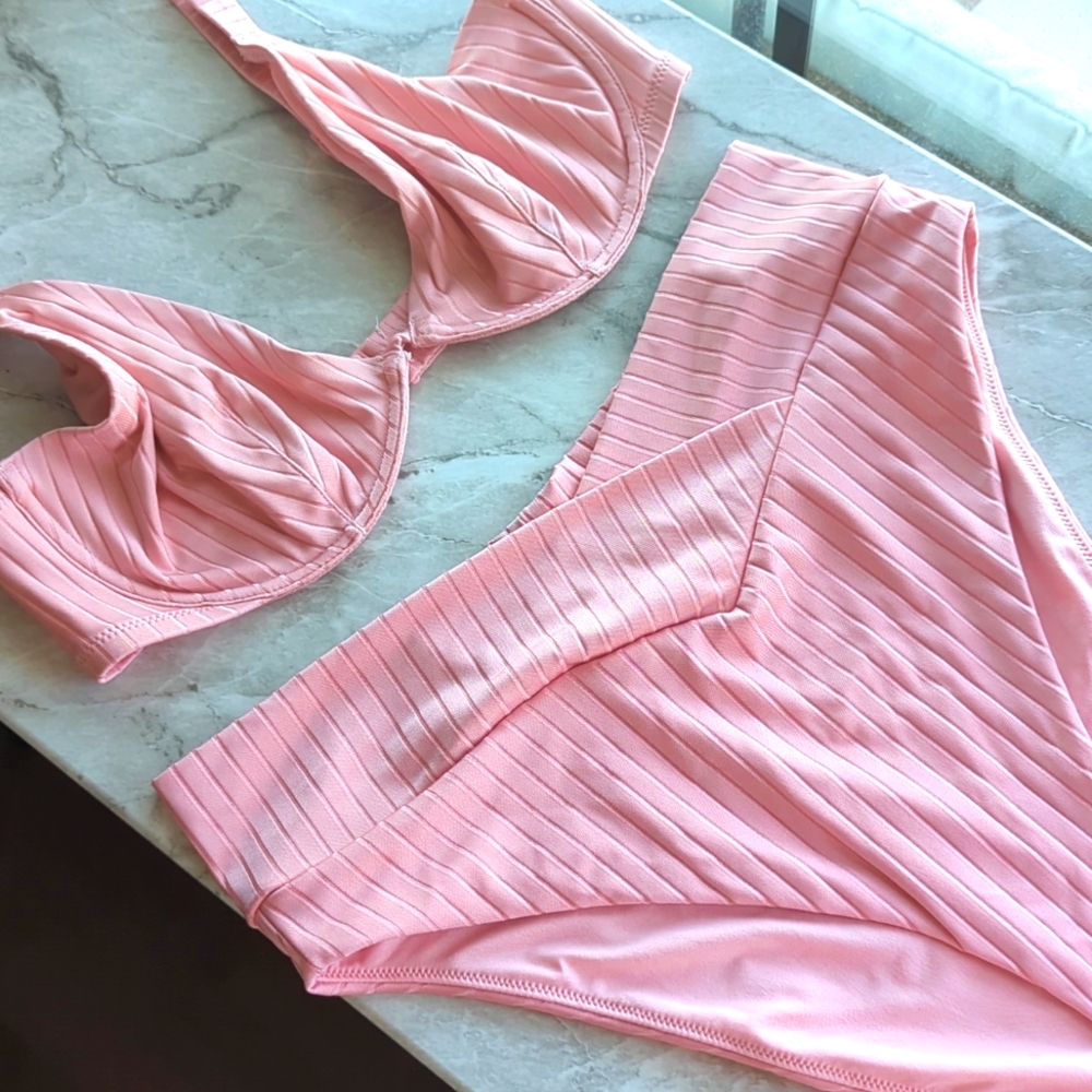 aerie Pink Ribbed Underwire Bikini Set